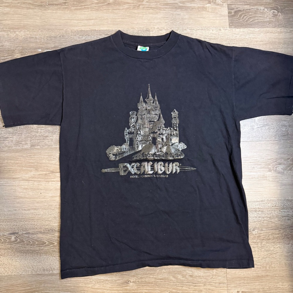 Vintage Excalibur Hotel Casino Las Vegas T-Shirt Black Silver Castle 90s Large